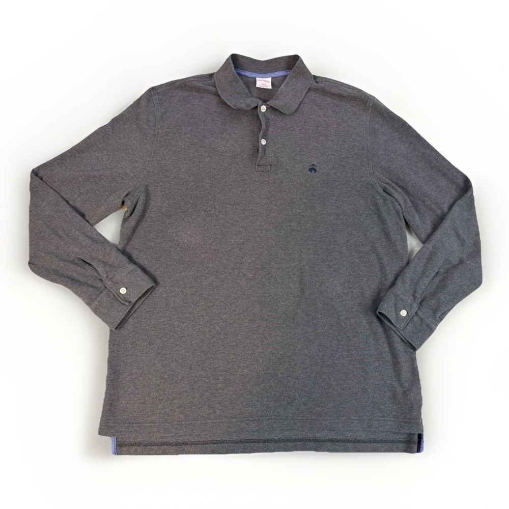 Brooks Brothers Performance Polo Men's Large Gray Shirt Long Sleeve Logo Cottom